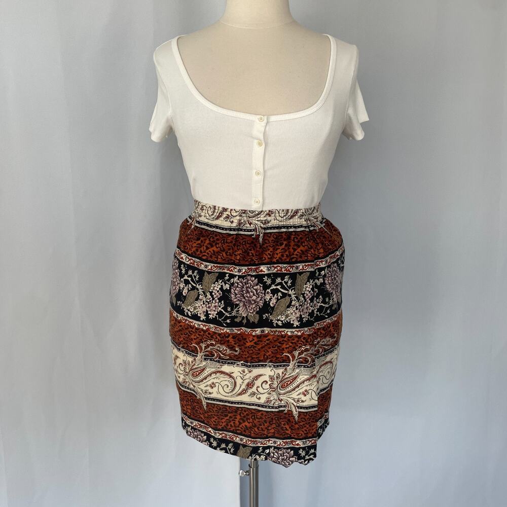 Vintage Mini Skirt Size 14 Black Brown Mix Print Cheetah Floral Boho Pull On 90s - Picture 2 of 16